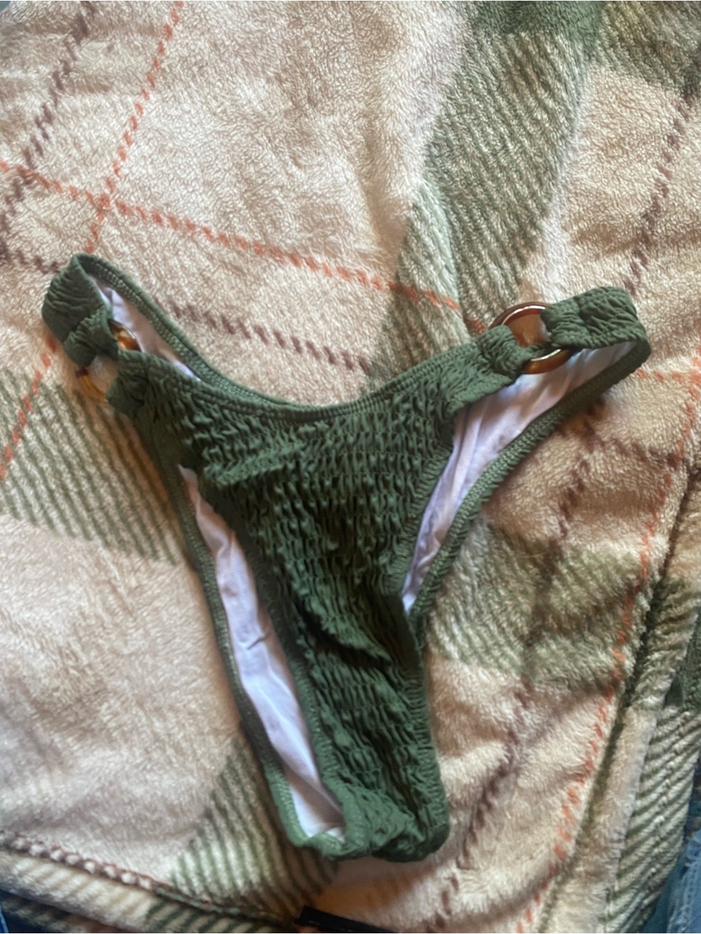 Olive Green Smocked Bikini Bottom with Ring Detail - Women Swim